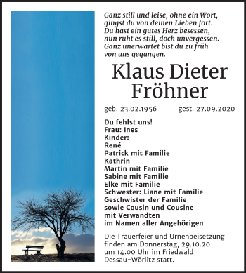 Traueranzeige von Klaus Dieter Fröhner von Super Sonntag Wittenberg