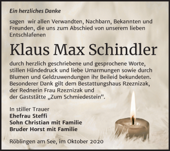 Traueranzeige von Klaus Max Schindler von Super Sonntag Mansfelder Land