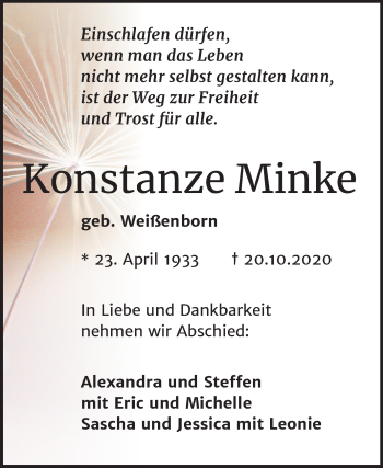 Traueranzeige von Konstanze Minke von Mitteldeutsche Zeitung Zeitz