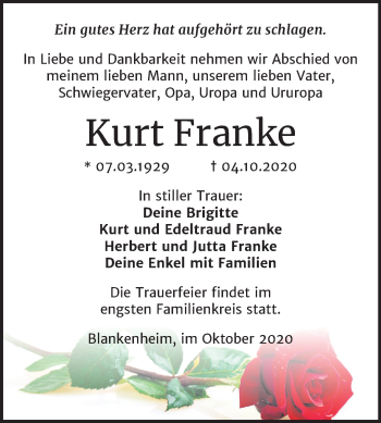 Traueranzeige von Kurt Franke von Mitteldeutsche Zeitung Sangerhausen