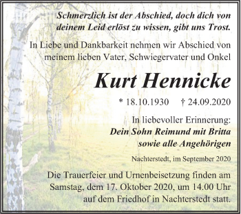 Traueranzeige von Kurt Hennicke von Super Sonntag Aschersleben