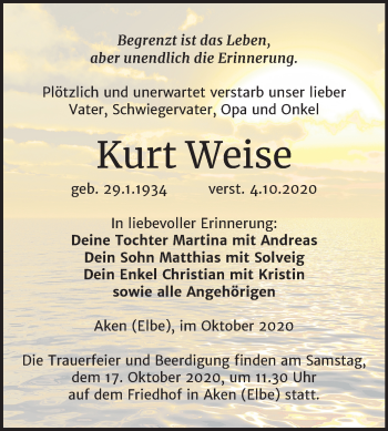 Traueranzeige von Kurt Weise von Mitteldeutsche Zeitung Köthen