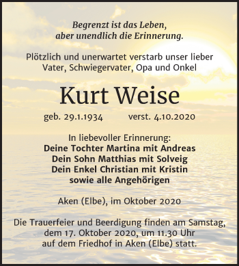 Traueranzeige von Kurt Weise von Super Sonntag Köthen