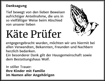 Traueranzeige von Käte Prüfer von Mitteldeutsche Zeitung Zeitz