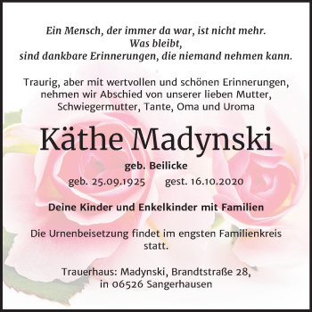 Traueranzeige von Käthe Madynski von Super Sonntag Sangerhausen