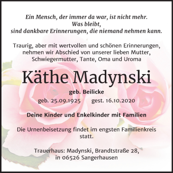 Traueranzeige von Käthe Madynski von Mitteldeutsche Zeitung Sangerhausen