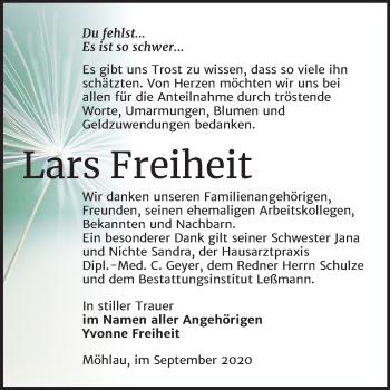 Traueranzeige von Lars Freiheit von Mitteldeutsche Zeitung Wittenberg