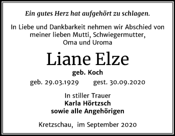Traueranzeige von Liane Elze von Super Sonntag Zeitz