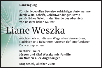 Traueranzeige von Liane Weszka von Wochenspiegel Naumburg/Nebra