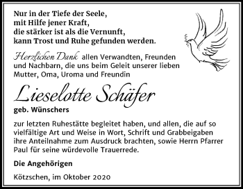 Traueranzeige von Lieselotte Schäfer von Mitteldeutsche Zeitung Merseburg/Querfurt