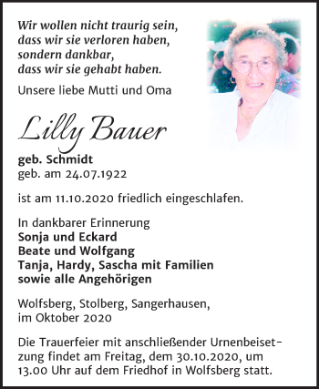 Traueranzeige von Lilly Bauer von Mitteldeutsche Zeitung Sangerhausen