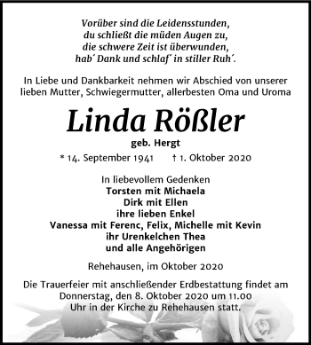 Traueranzeige von Linda Rößler von Mitteldeutsche Zeitung Naumburg/Nebra