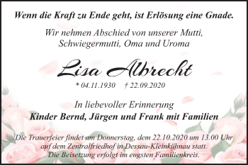 Traueranzeige von Lisa Albrecht von Super Sonntag Dessau-Roßlau