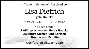 Traueranzeige von Lisa Dietrich von Super Sonntag Merseburg/Querfurt