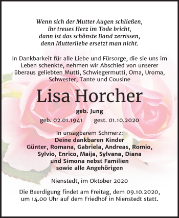 Traueranzeige von Lisa Horcher von Mitteldeutsche Zeitung Sangerhausen