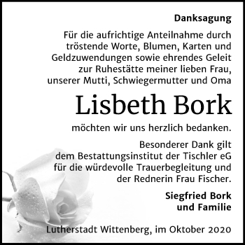 Traueranzeige von Lisbeth Bork von Mitteldeutsche Zeitung Wittenberg