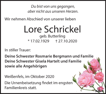 Traueranzeige von Lore Schrickel von Mitteldeutsche Zeitung Weißenfels