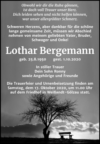 Traueranzeige von Lothar Bergemann von Mitteldeutsche Zeitung Köthen