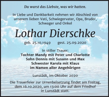 Traueranzeige von Lothar Dierschke von Super Sonntag Merseburg/Querfurt