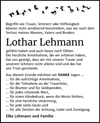 Traueranzeige von Lothar Lehmann von Mitteldeutsche Zeitung Wittenberg