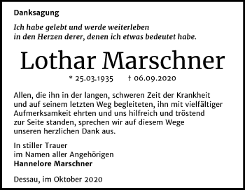 Traueranzeige von Lothar Marschner von Mitteldeutsche Zeitung Dessau-Roßlau