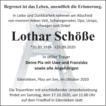 Traueranzeige von Lothar Schöße von Super Sonntag Sangerhausen