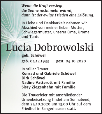 Traueranzeige von Lucia Dobrowolski von Super Sonntag Sangerhausen