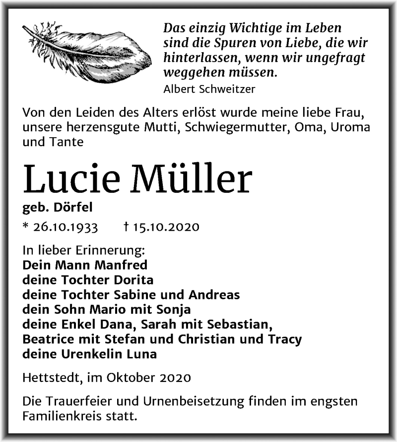  Traueranzeige für Lucie Müller vom 22.10.2020 aus Mitteldeutsche Zeitung Mansfelder Land