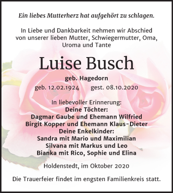 Traueranzeige von Luise Busch von Super Sonntag Sangerhausen