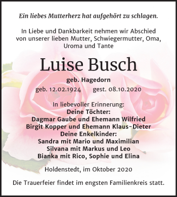 Traueranzeige von Luise Busch von Mitteldeutsche Zeitung Sangerhausen