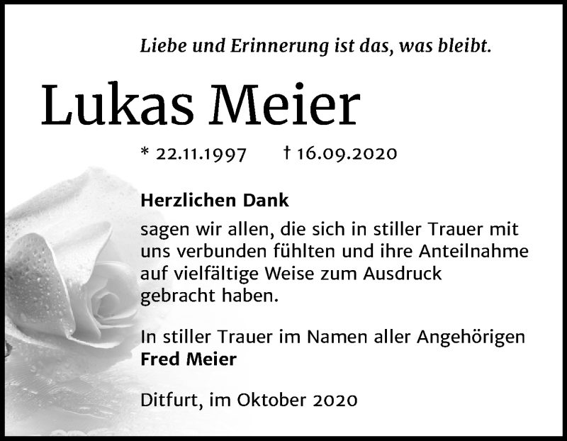  Traueranzeige für Lukas Meier vom 10.10.2020 aus Super Sonntag Quedlinburg