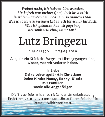 Traueranzeige von Lutz Bringezu von Mitteldeutsche Zeitung Dessau-Roßlau
