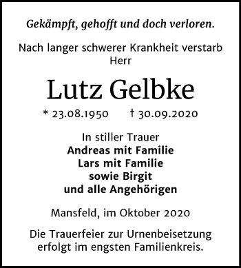 Traueranzeige von Lutz Gelbke von Mitteldeutsche Zeitung Mansfelder Land