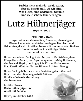 Traueranzeige von Lutz Hühnerjäger von Mitteldeutsche Zeitung Aschersleben