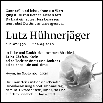Traueranzeige von Lutz Hühnerjäger von Mitteldeutsche Zeitung Aschersleben