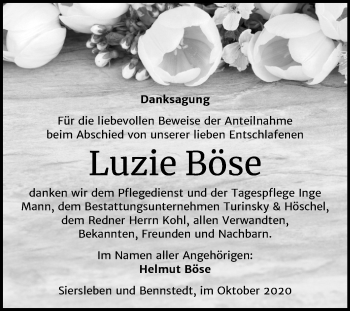 Traueranzeige von Luzie Böse von Mitteldeutsche Zeitung Mansfelder Land