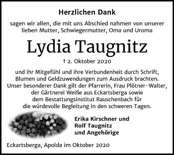 Traueranzeige von Lydia Taugnitz von Wochenspiegel Naumburg/Nebra