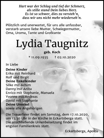 Traueranzeige von Lydia Taugnitz von Wochenspiegel Naumburg/Nebra