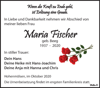 Traueranzeige von MAria Fischer von Wochenspiegel Weißenfels