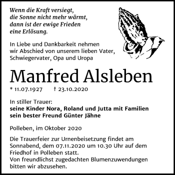 Traueranzeige von Manfred Alsleben von Super Sonntag Mansfelder Land