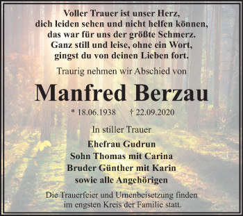 Traueranzeige von Manfred Berzau von Super Sonntag Dessau-Roßlau