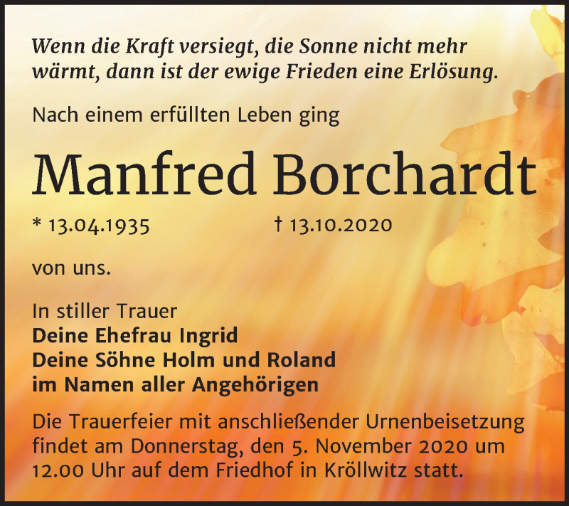  Traueranzeige für Manfred Borchardt vom 24.10.2020 aus Mitteldeutsche Zeitung Halle/Saalkreis