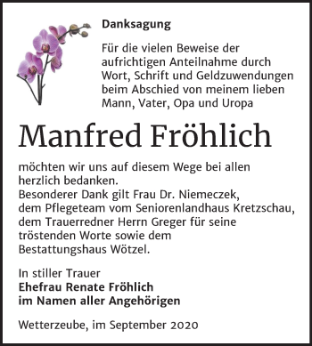 Traueranzeige von Manfred Fröhlich von Super Sonntag Zeitz