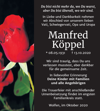 Traueranzeige von Manfred Köppel von Wochenspiegel Bitterfeld