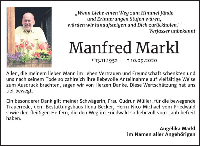  Traueranzeige für Manfred Markl vom 17.10.2020 aus Mitteldeutsche Zeitung Sangerhausen