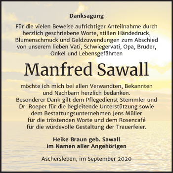 Traueranzeige von Manfred Sawall von Super Sonntag Aschersleben