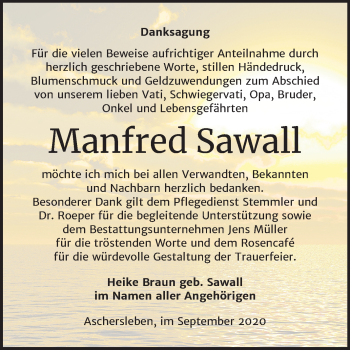 Traueranzeige von Manfred Sawall von Mitteldeutsche Zeitung Aschersleben