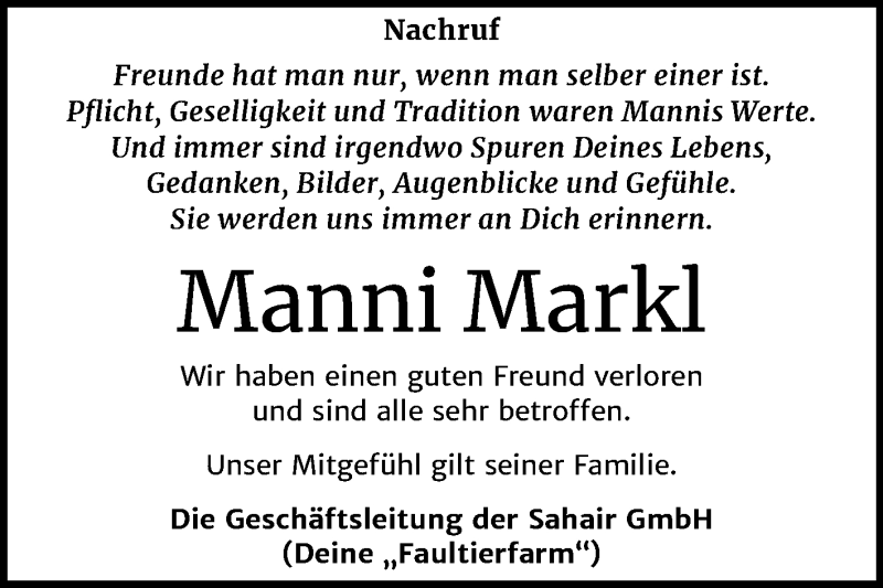  Traueranzeige für Manfred Markl vom 07.10.2020 aus Wochenspiegel Sangerhausen
