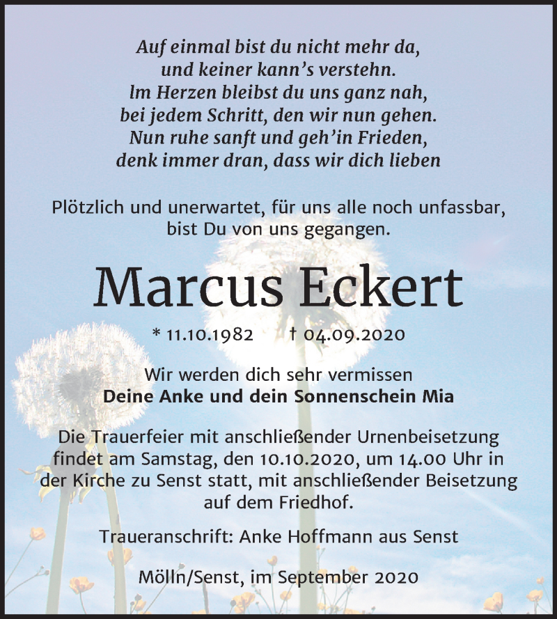  Traueranzeige für Marcus Eckert vom 02.10.2020 aus Super Sonntag Wittenberg