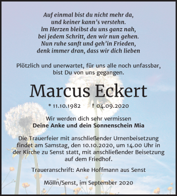 Traueranzeige von Marcus Eckert von Super Sonntag Wittenberg